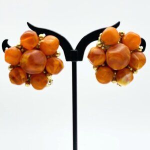 KRAMER Signed Earrings Orange Cluster Beads Clip On Vintage Costume Jewelry